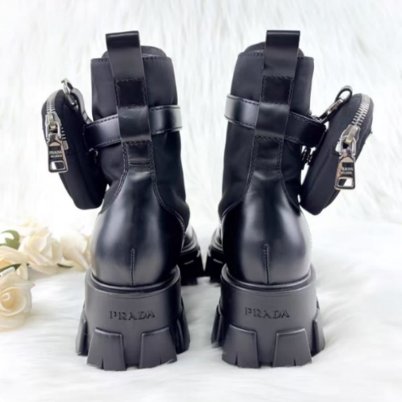 Prada Black Leather Lug-Sole Combat Boots with Removable Side Pouches - Picture 3 of 7